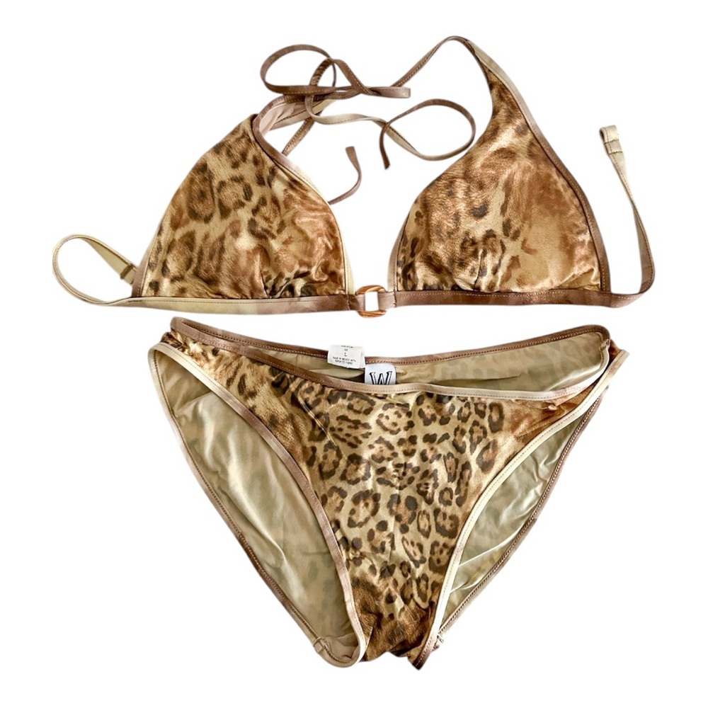 W Swim Gold Leopard Print Cheetah Triangle Bikini Set High Cut Vintage Y2K Large